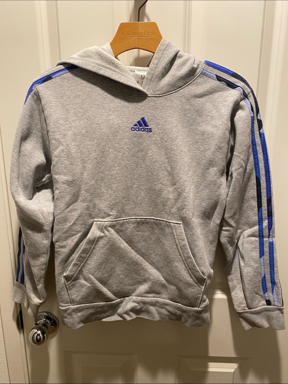 adidas Light Gray Hoodie with Blue Stripes. EUC